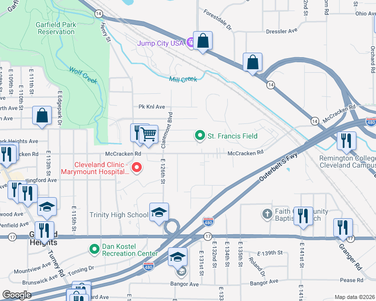 map of restaurants, bars, coffee shops, grocery stores, and more near 12809 McCracken Road in Garfield Heights