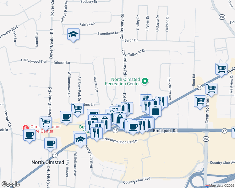 map of restaurants, bars, coffee shops, grocery stores, and more near 4618 Canterbury Road in North Olmsted