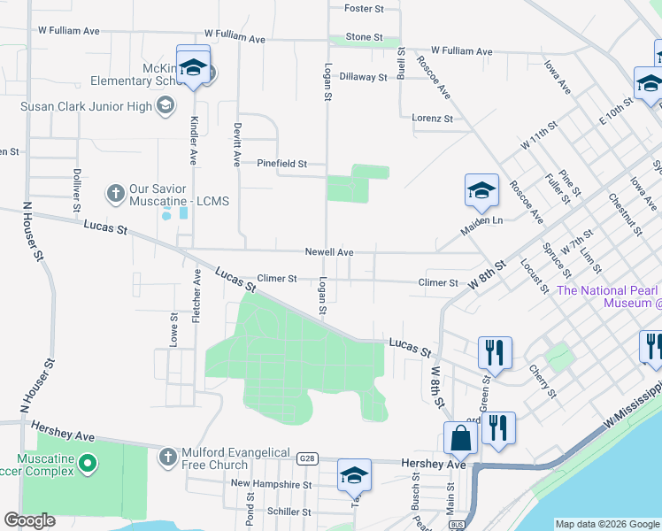 map of restaurants, bars, coffee shops, grocery stores, and more near 1137 Logan Street in Muscatine