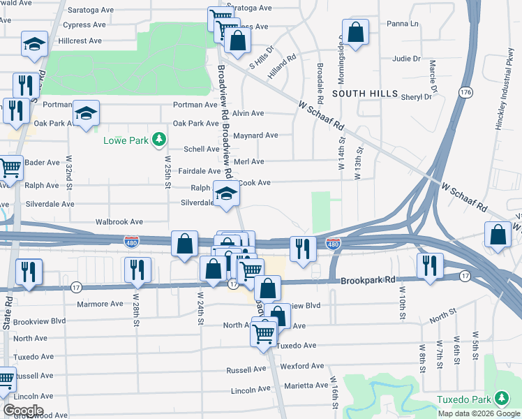 map of restaurants, bars, coffee shops, grocery stores, and more near 1903 Pleasantdale Road in Cleveland