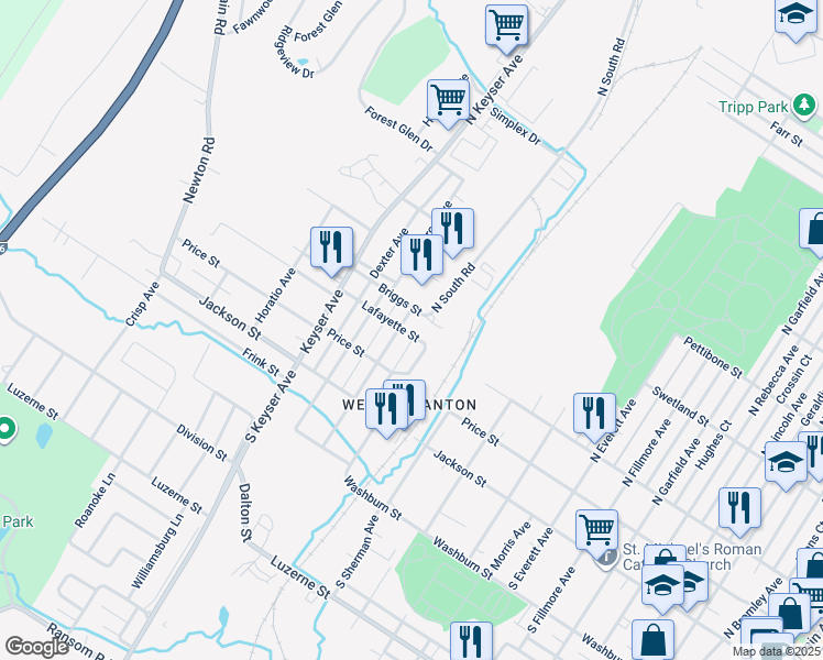 map of restaurants, bars, coffee shops, grocery stores, and more near 300 North Merrifield Avenue in Scranton