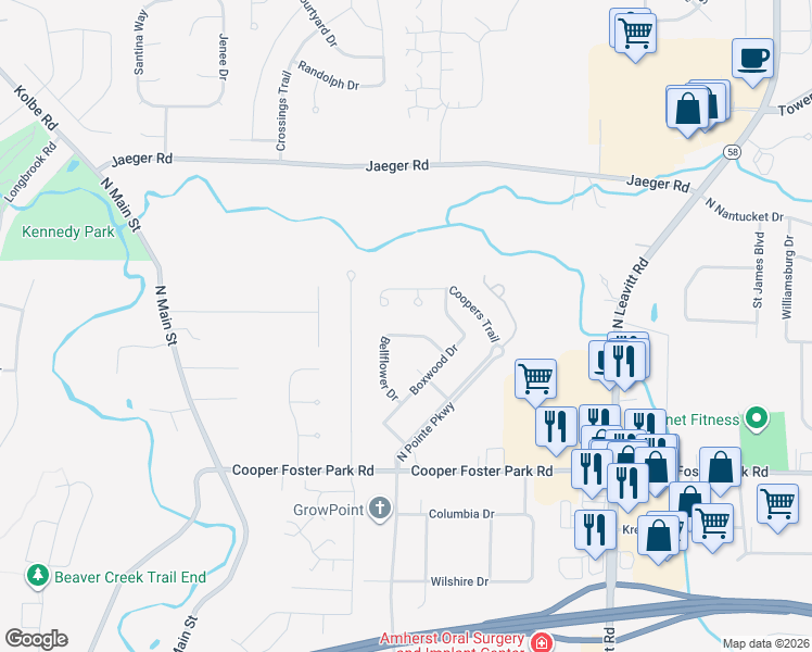 map of restaurants, bars, coffee shops, grocery stores, and more near 3480 Bellflower Drive in Lorain