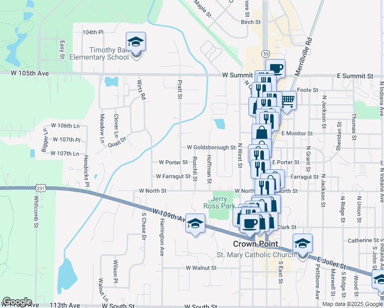 map of restaurants, bars, coffee shops, grocery stores, and more near 405 Ruschli St in Crown Point