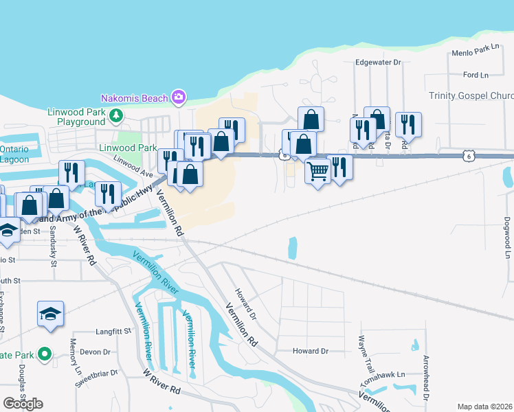 map of restaurants, bars, coffee shops, grocery stores, and more near 661 South Shore Court in Vermilion