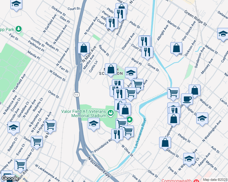 map of restaurants, bars, coffee shops, grocery stores, and more near 911 Providence Road in Scranton