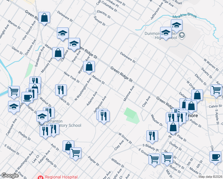 map of restaurants, bars, coffee shops, grocery stores, and more near 1400 Marion Street in Dunmore