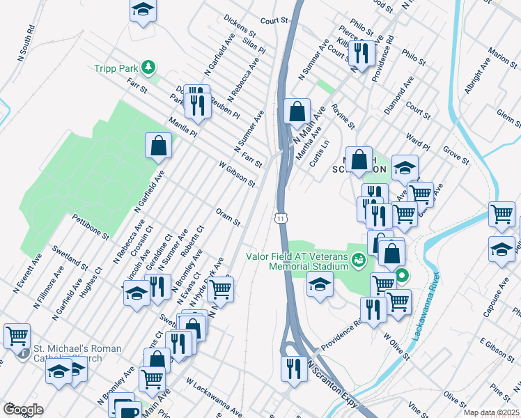 map of restaurants, bars, coffee shops, grocery stores, and more near 842 North Main Avenue in Scranton