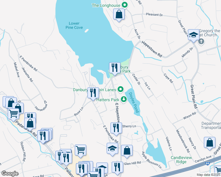 map of restaurants, bars, coffee shops, grocery stores, and more near 48 East Hayestown Road in Danbury