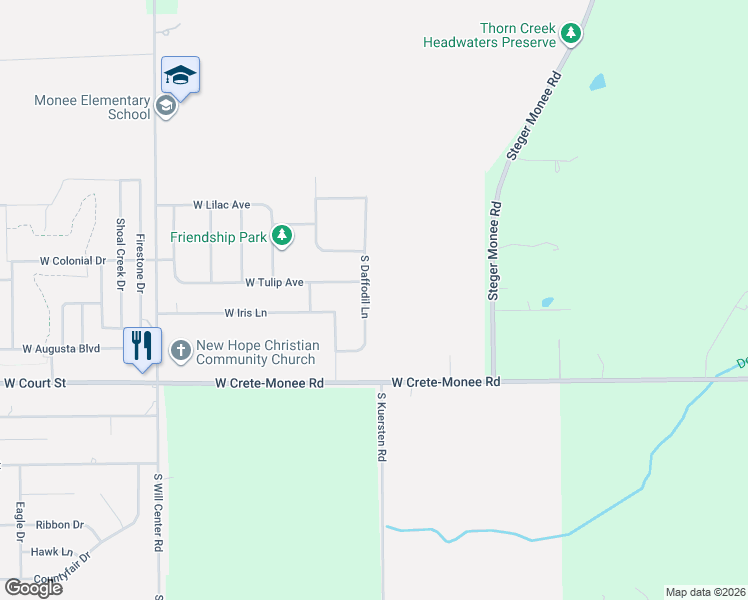 map of restaurants, bars, coffee shops, grocery stores, and more near 25741 South Daffodil Lane in Monee
