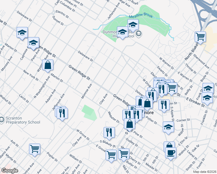 map of restaurants, bars, coffee shops, grocery stores, and more near 1603 Clay Avenue in Dunmore
