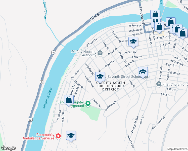 map of restaurants, bars, coffee shops, grocery stores, and more near 310 Smedley Street in Oil City
