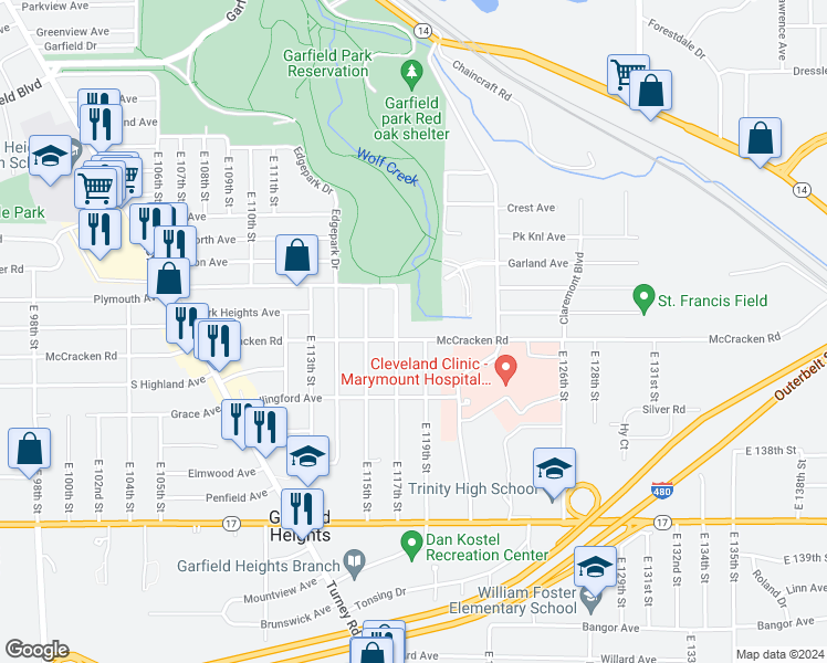 map of restaurants, bars, coffee shops, grocery stores, and more near 11803 McCracken Road in Garfield Heights