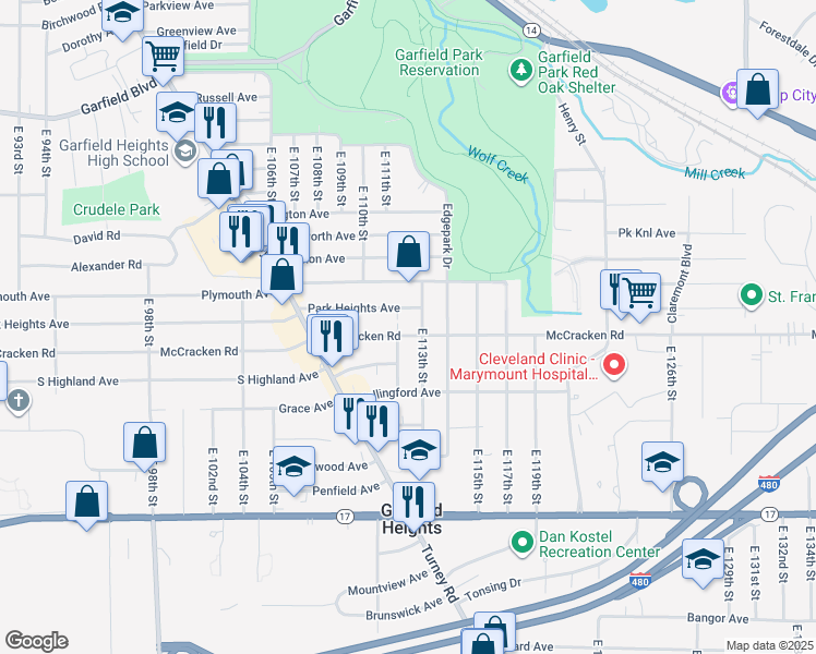map of restaurants, bars, coffee shops, grocery stores, and more near 11215 McCracken Road in Garfield Heights