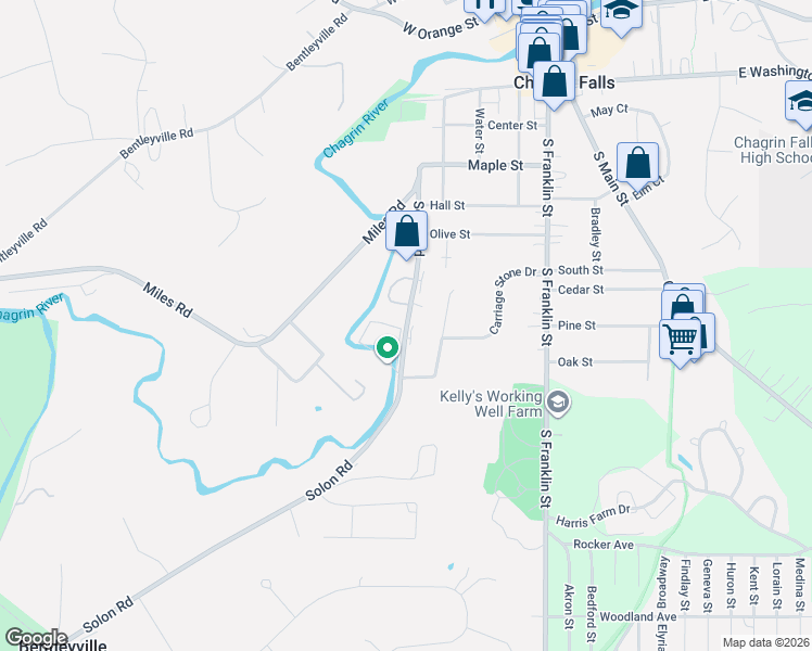 map of restaurants, bars, coffee shops, grocery stores, and more near 252 Solon Road in Chagrin Falls