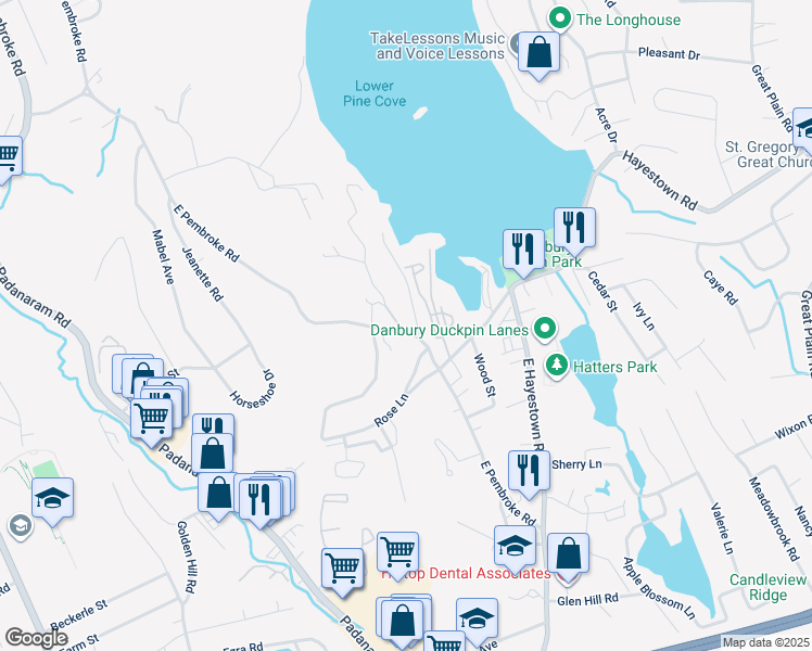 map of restaurants, bars, coffee shops, grocery stores, and more near 33 East Pembroke Road in Danbury