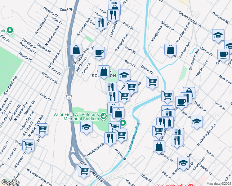 map of restaurants, bars, coffee shops, grocery stores, and more near 909 Albright Avenue in Scranton