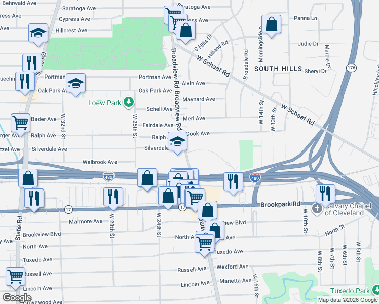 map of restaurants, bars, coffee shops, grocery stores, and more near 1907 Pleasantdale Road in Cleveland