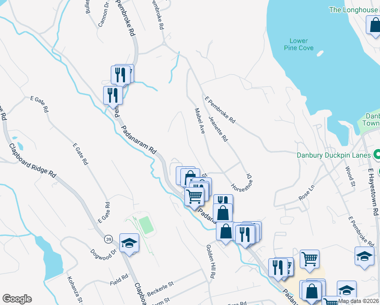 map of restaurants, bars, coffee shops, grocery stores, and more near 12 Clayton Road in Danbury