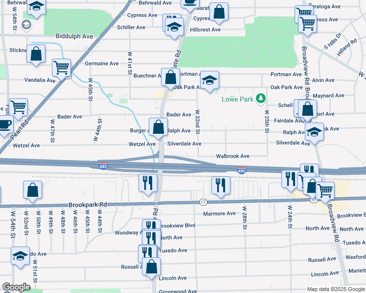 map of restaurants, bars, coffee shops, grocery stores, and more near 3333 Silverdale Avenue in Cleveland
