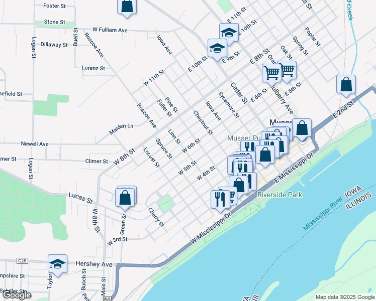 map of restaurants, bars, coffee shops, grocery stores, and more near 316 West 6th Street in Muscatine
