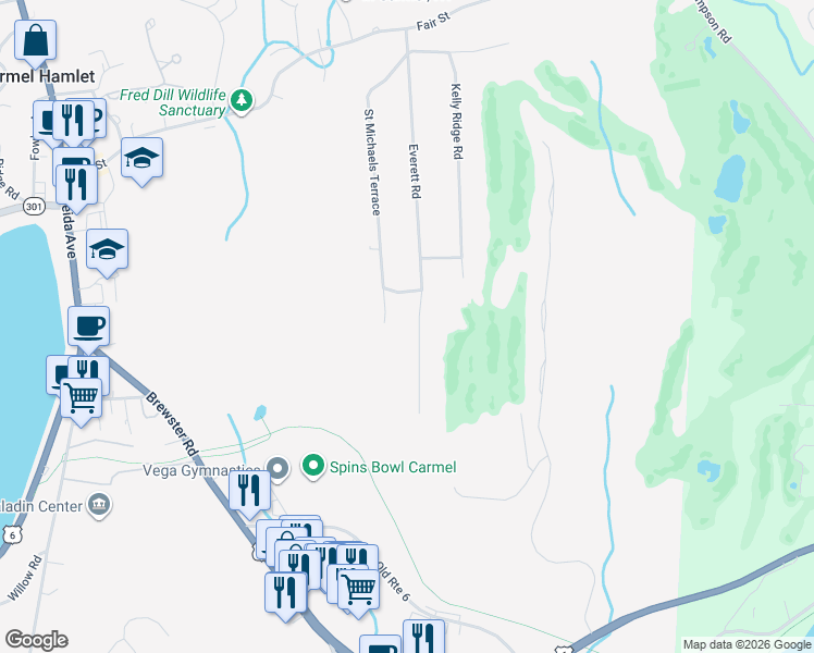 map of restaurants, bars, coffee shops, grocery stores, and more near 52 Everett Road in Carmel Hamlet