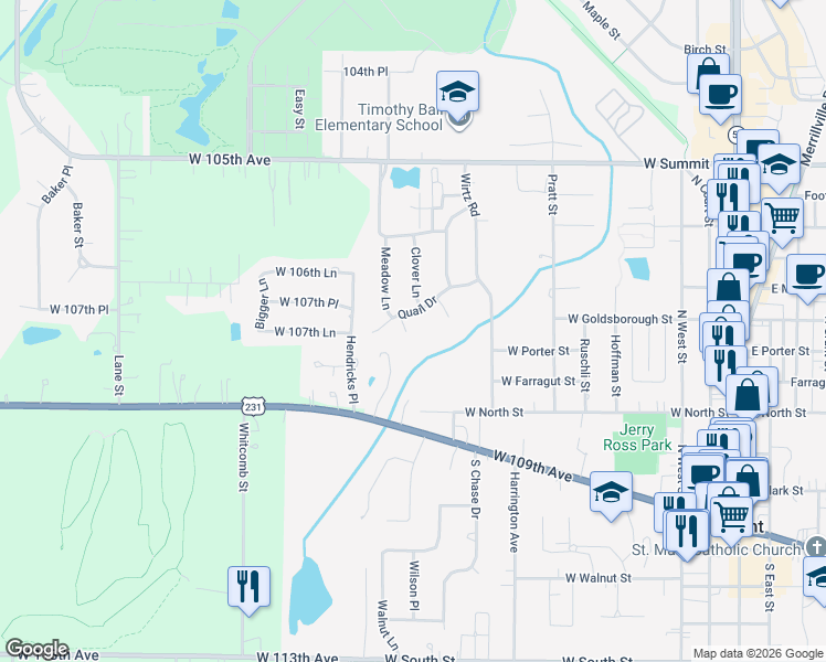 map of restaurants, bars, coffee shops, grocery stores, and more near 831 Quail Drive in Crown Point