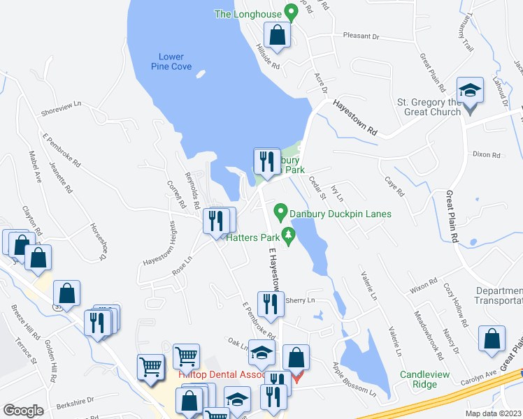 map of restaurants, bars, coffee shops, grocery stores, and more near 44 East Hayestown Road in Danbury