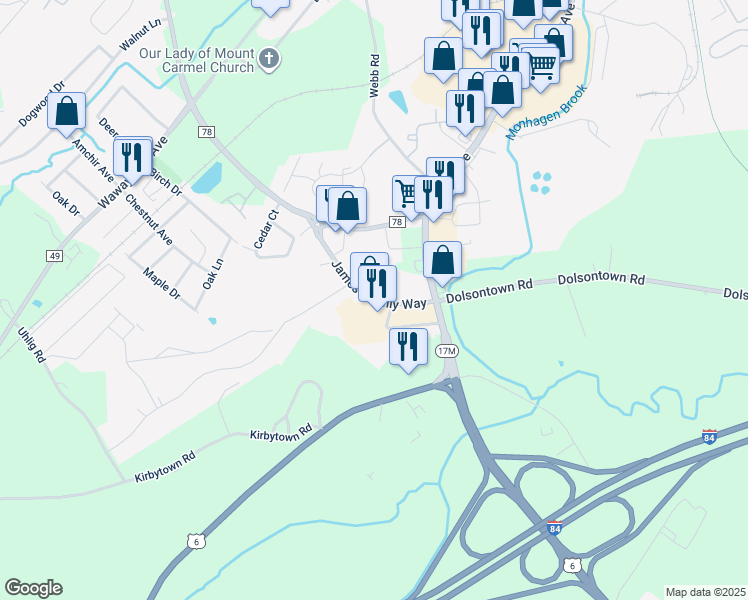 map of restaurants, bars, coffee shops, grocery stores, and more near 23 County Road 108 in Middletown