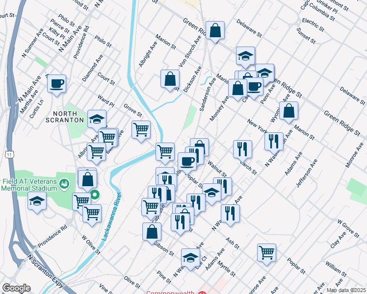 map of restaurants, bars, coffee shops, grocery stores, and more near 1147 Sanderson Avenue in Scranton