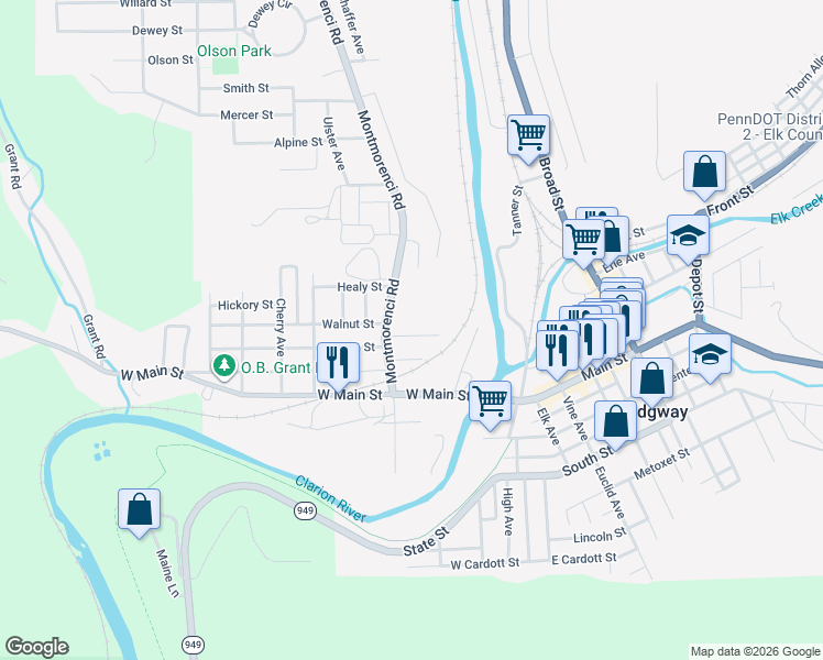 map of restaurants, bars, coffee shops, grocery stores, and more near 105-299 Ridge St in Ridgway