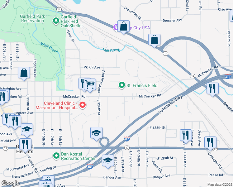 map of restaurants, bars, coffee shops, grocery stores, and more near 12809 McCracken Road in Garfield Heights