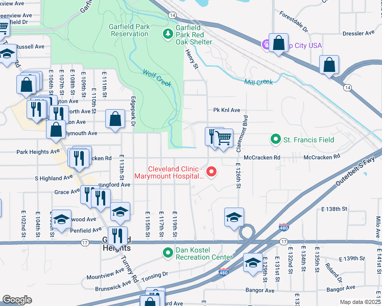 map of restaurants, bars, coffee shops, grocery stores, and more near 12005 McCracken Road in Garfield Heights
