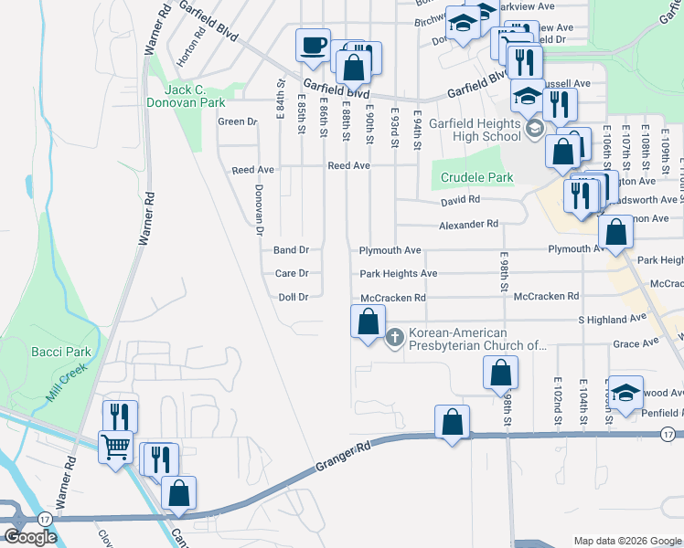 map of restaurants, bars, coffee shops, grocery stores, and more near 5044 East 88th Street in Garfield Heights