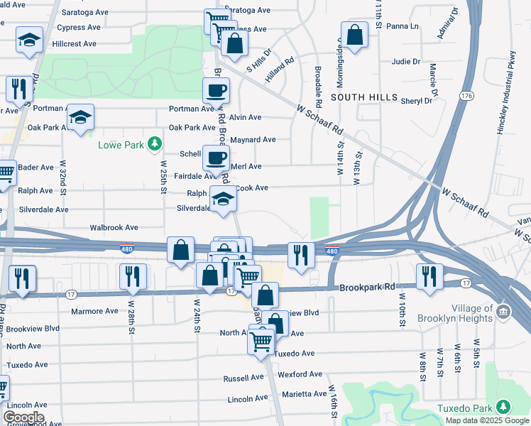 map of restaurants, bars, coffee shops, grocery stores, and more near in Cleveland