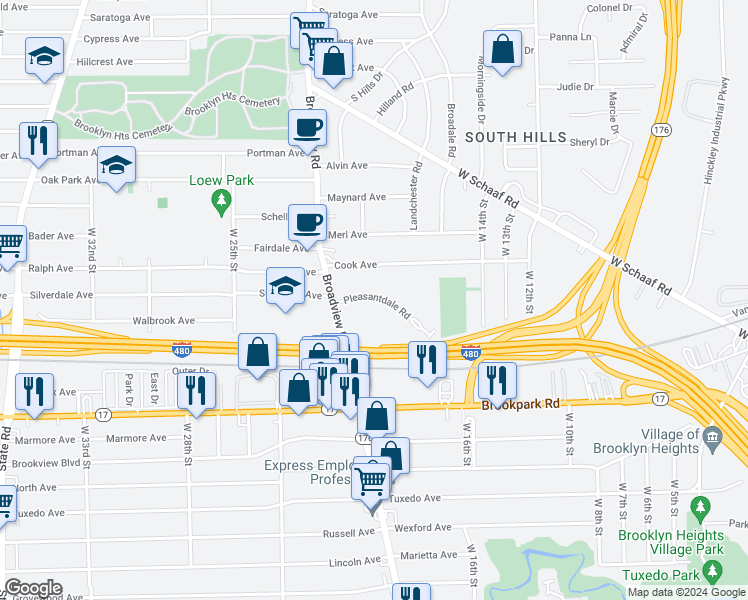 map of restaurants, bars, coffee shops, grocery stores, and more near in Cleveland