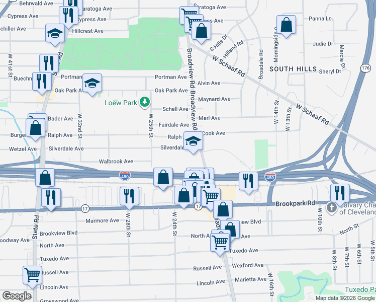 map of restaurants, bars, coffee shops, grocery stores, and more near 2137 Silverdale Avenue in Cleveland