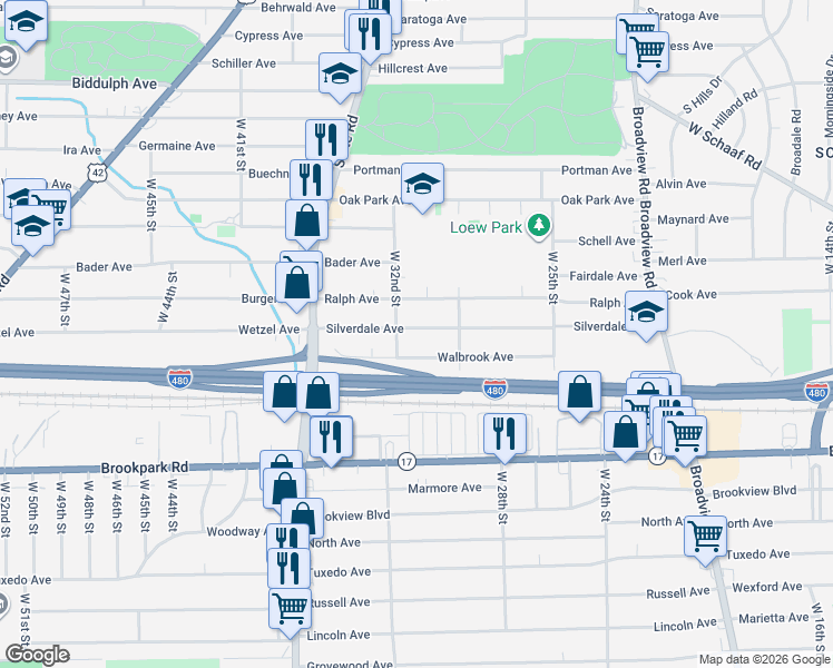 map of restaurants, bars, coffee shops, grocery stores, and more near 3131 Silverdale Avenue in Cleveland