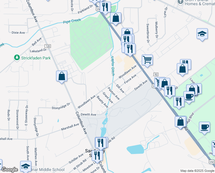map of restaurants, bars, coffee shops, grocery stores, and more near 3514 Paxton Avenue in Sandusky