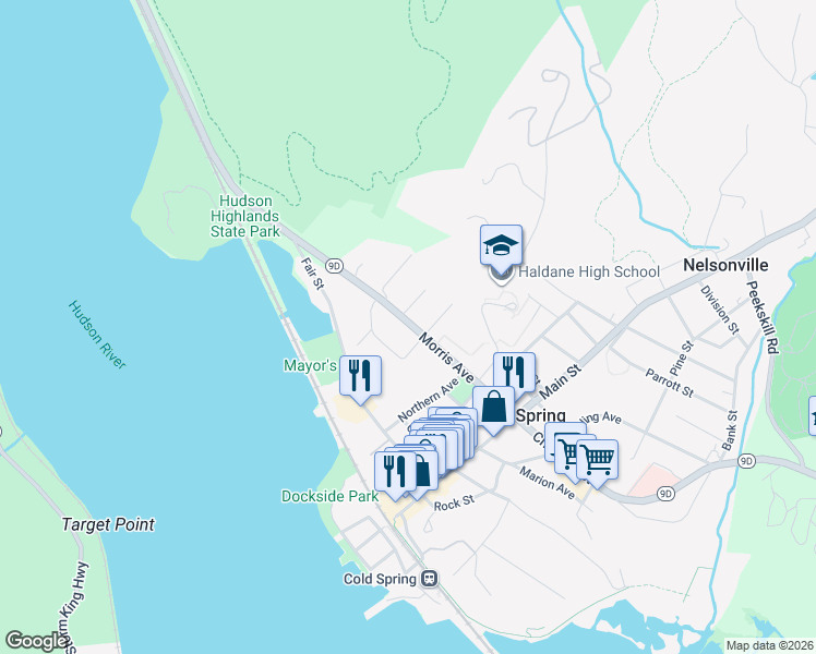 map of restaurants, bars, coffee shops, grocery stores, and more near 53 Morris Avenue in Cold Spring