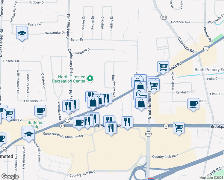 map of restaurants, bars, coffee shops, grocery stores, and more near 4580 West Ranchview Avenue in North Olmsted