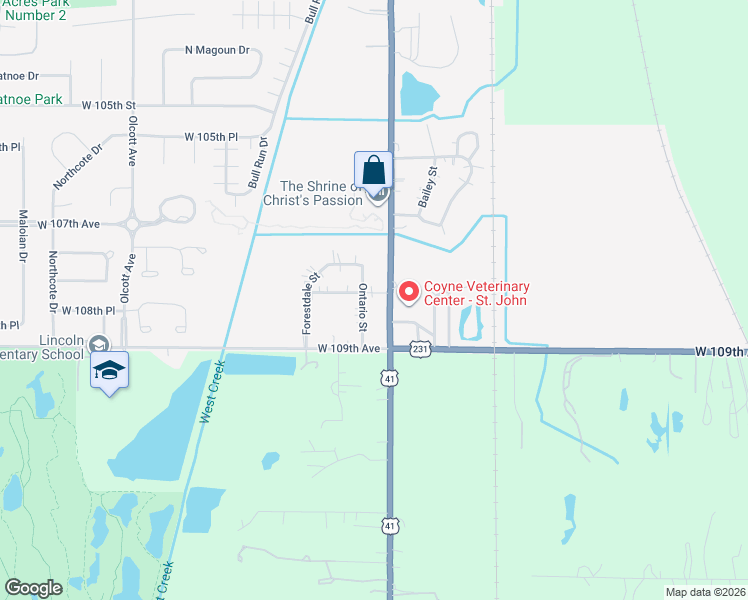 map of restaurants, bars, coffee shops, grocery stores, and more near 10808 Wicker Avenue in St. John