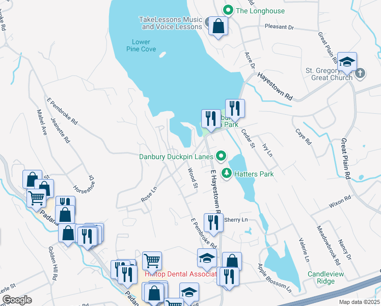 map of restaurants, bars, coffee shops, grocery stores, and more near 16 East Hayestown Road in Danbury