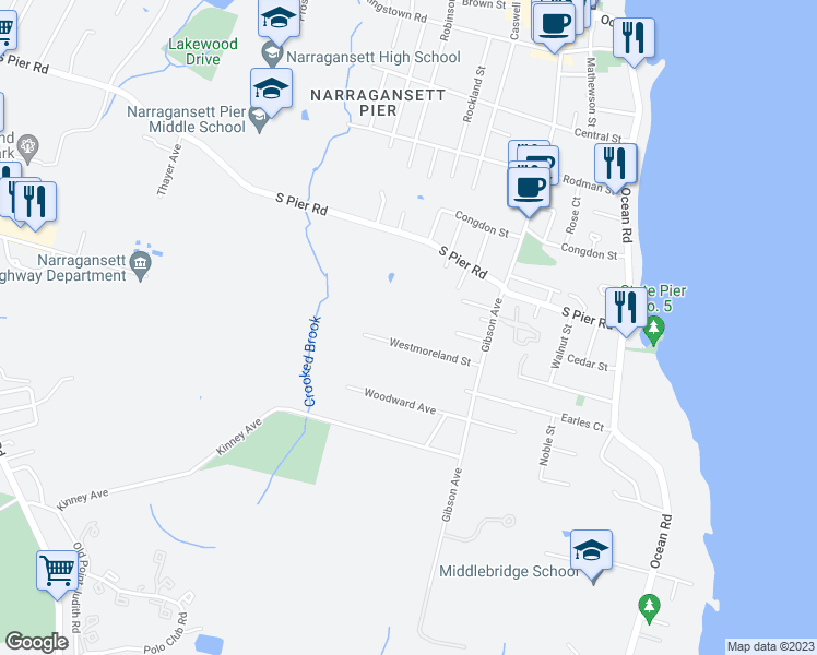 map of restaurants, bars, coffee shops, grocery stores, and more near 117 Westmoreland Street in Narragansett