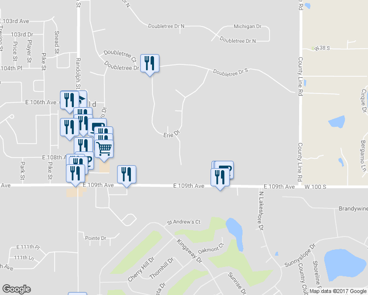map of restaurants, bars, coffee shops, grocery stores, and more near 8751 Bridgewater Court in Crown Point