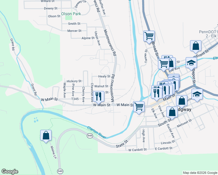 map of restaurants, bars, coffee shops, grocery stores, and more near 202 Ash Street in Ridgway