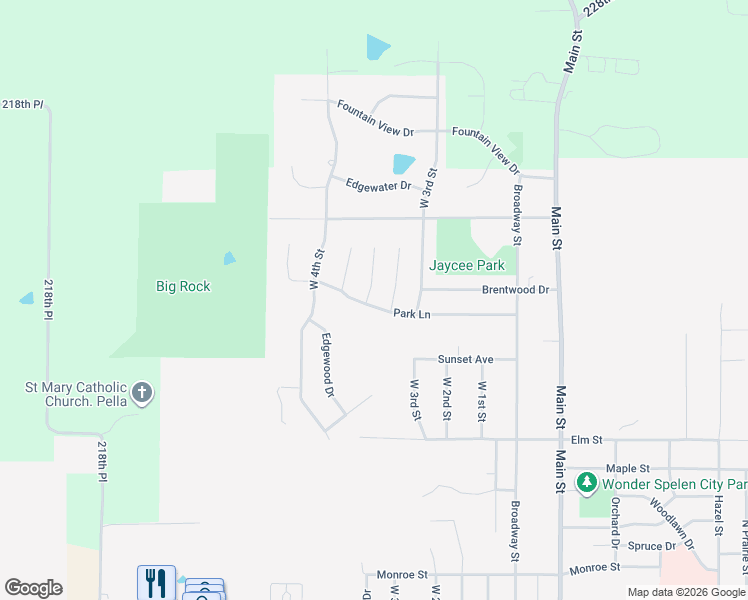 map of restaurants, bars, coffee shops, grocery stores, and more near 1103 Park Lane in Pella