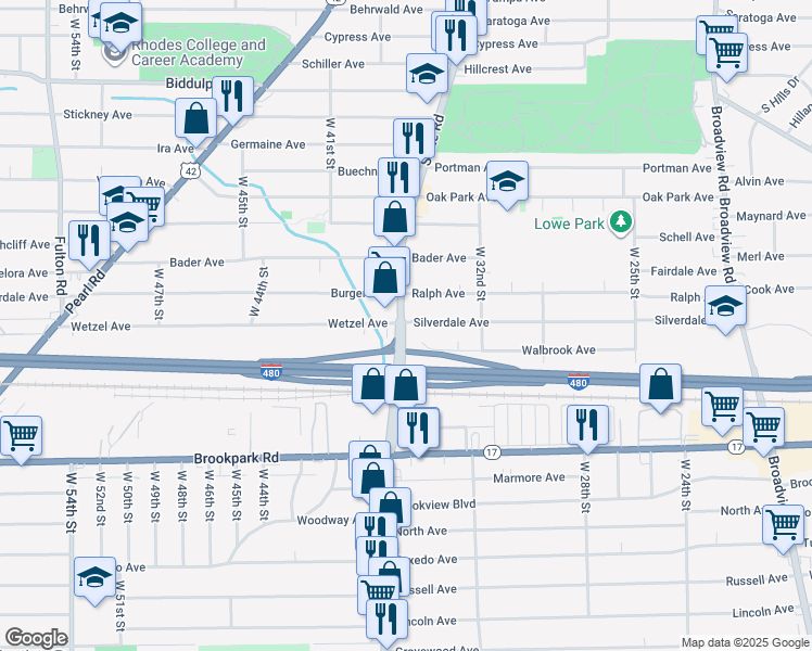 map of restaurants, bars, coffee shops, grocery stores, and more near 4837 State Road in Cleveland