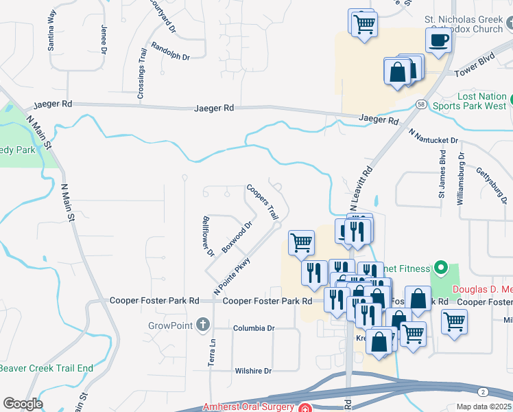 map of restaurants, bars, coffee shops, grocery stores, and more near 5453 Coopers Lane in Lorain