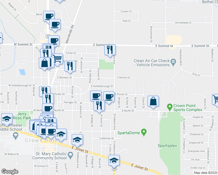 map of restaurants, bars, coffee shops, grocery stores, and more near 740 East Goldsboro Street in Crown Point