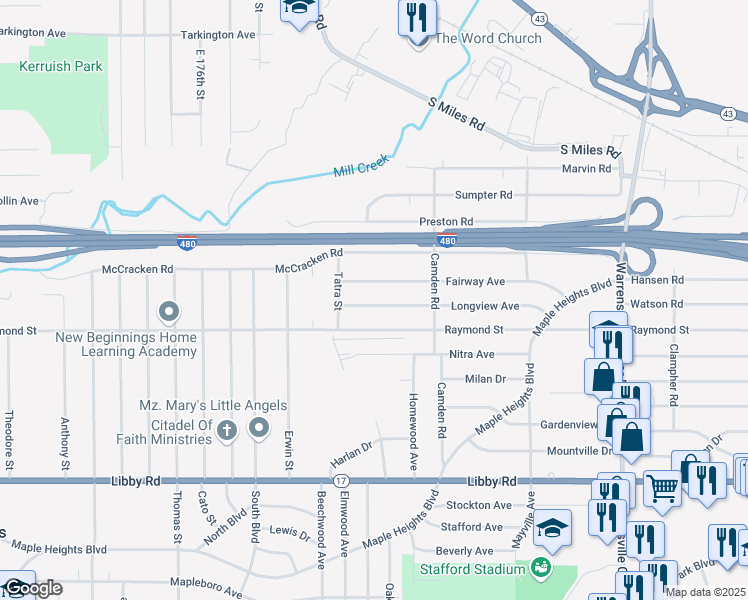 map of restaurants, bars, coffee shops, grocery stores, and more near 18819 Longview Avenue in Maple Heights